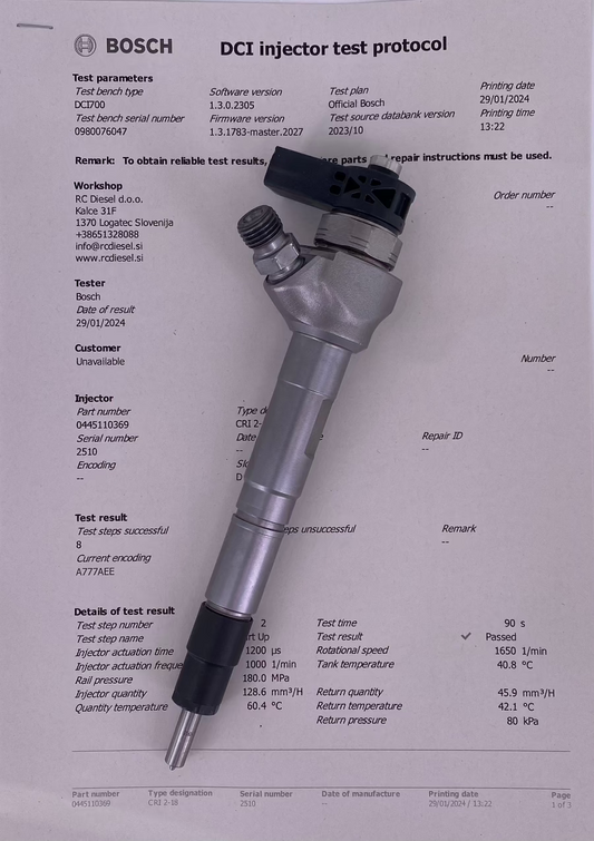 ⚒ OBNOVLJEN injektor 0445110369 0445110368 0445110647 0445110646 0986435167 BOSCH za 🚙 VW/ AUDI A1, A3, A4, A5, Q3, Q5, B8. 03L130277J/ 03L 130 277J/ 03L130277Q/ 03L130855CX.