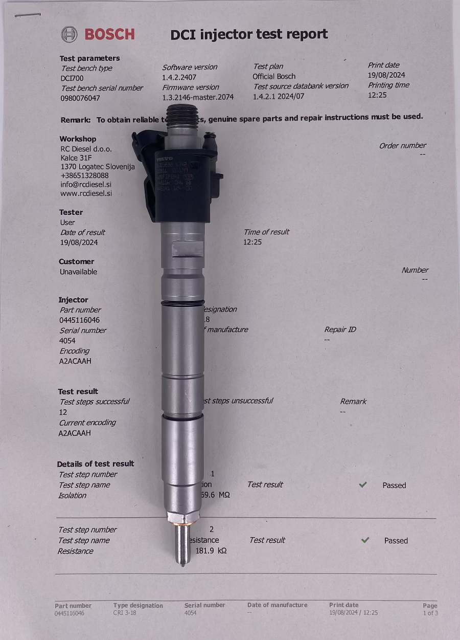 🔧 OBNOVLJEN injektor 0445116046/ 0445116045/ 0986435424/ 31303238/ 31303409 VOLVO 2.0. BOSCH. Testiranje, popravilo, kodiranje 👉 +386 51 328 088/ info@rcdiesel.si