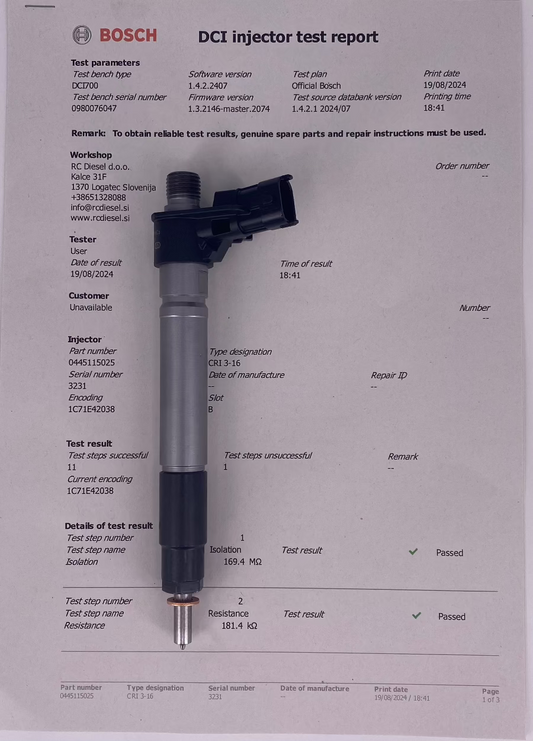 ⚒ OBNOVLJEN dizelski injektor 0445115025 0986435450 96592288 1509239 1980J8 BOSCH PSA 2.0. Izberi pregled➛popravilo➛kodiranje +386 51 328 088/ info@rcdiesel.si