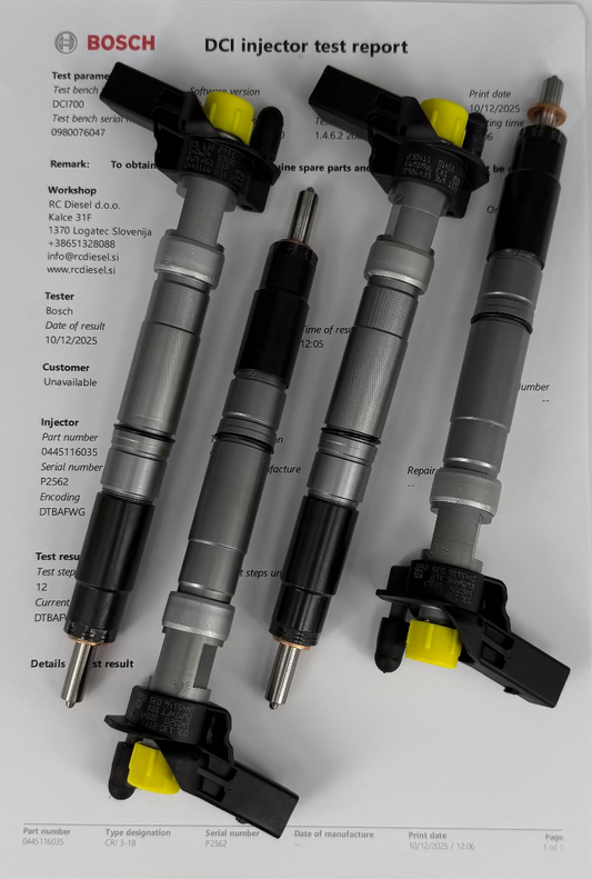 🔧 POPRAVLJEN injektor 0986435369, 0445116034, 0445116035, 03L130277C BOSCH (KOMPLET x 4 kosa) za 🚙 VW. Vzdrževanje injektorjev, črpalk +386 51 328 088.