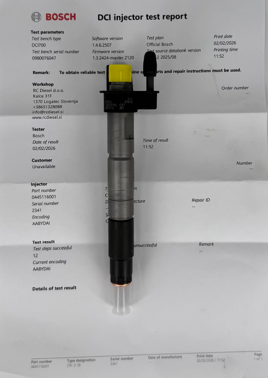 🔧 OBNOVLJEN 0445116001, 13537797878, 13537797877 BOSCH injektor za 🚙 BMW. Vzdrževanje šob, črpalk za osebna in tovorna vozila.📱 +386 51328088/ info@rcdiesel.si