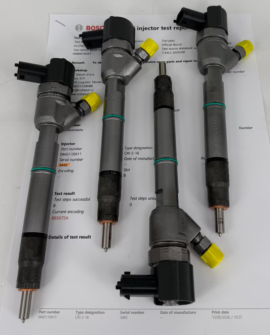 0445110410, 0445110411, 0986435279 injektor BOSCH. Obnovljen 🔧 KOMPLET x 4 kosa, z novimi rezervnimi deli (ventil, vložek, matica, tesnila) za HYUNDAI, KIA. Naroči pregled in popravilo +386 51 328088/ info@rcdiesel.si.